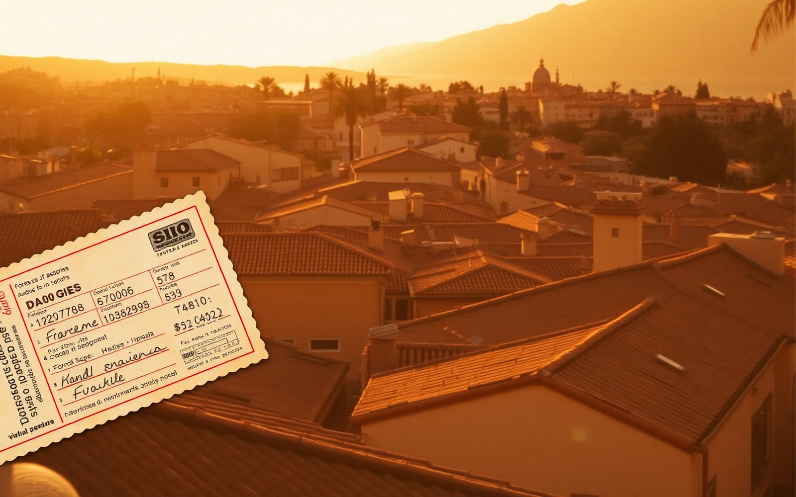 Tejados de un pueblo mediterráneo al atardecer junto a un billete de viaje