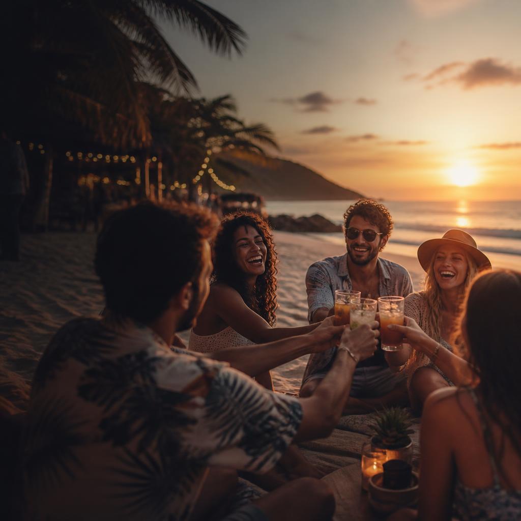 Grupo de amigos celebrando en la playa al atardecer