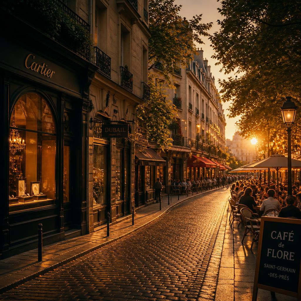 Terrazas de restaurantes y tiendas de lujo al atardecer